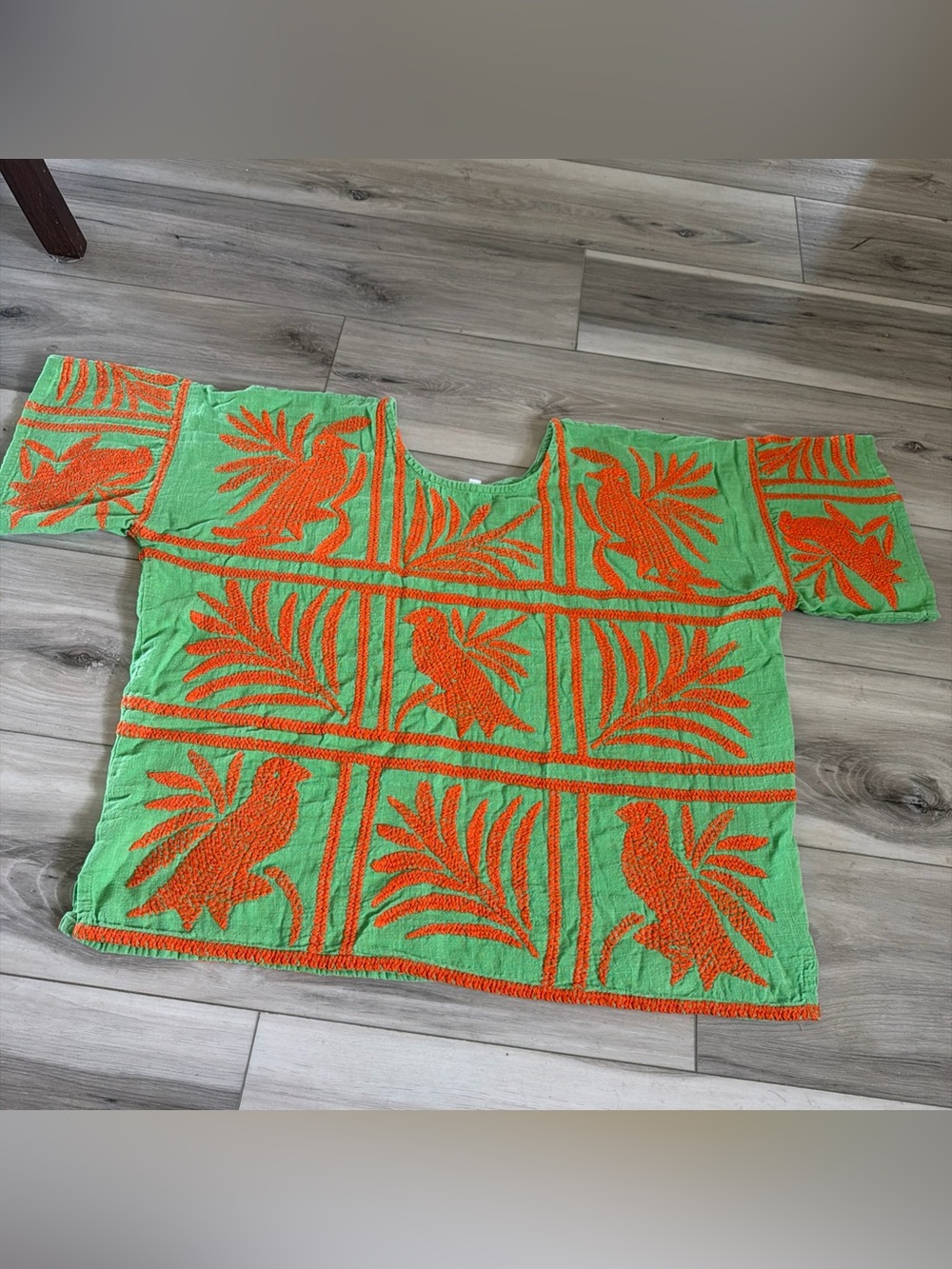 Green & Orange Embroidered Parrot Tunic Top